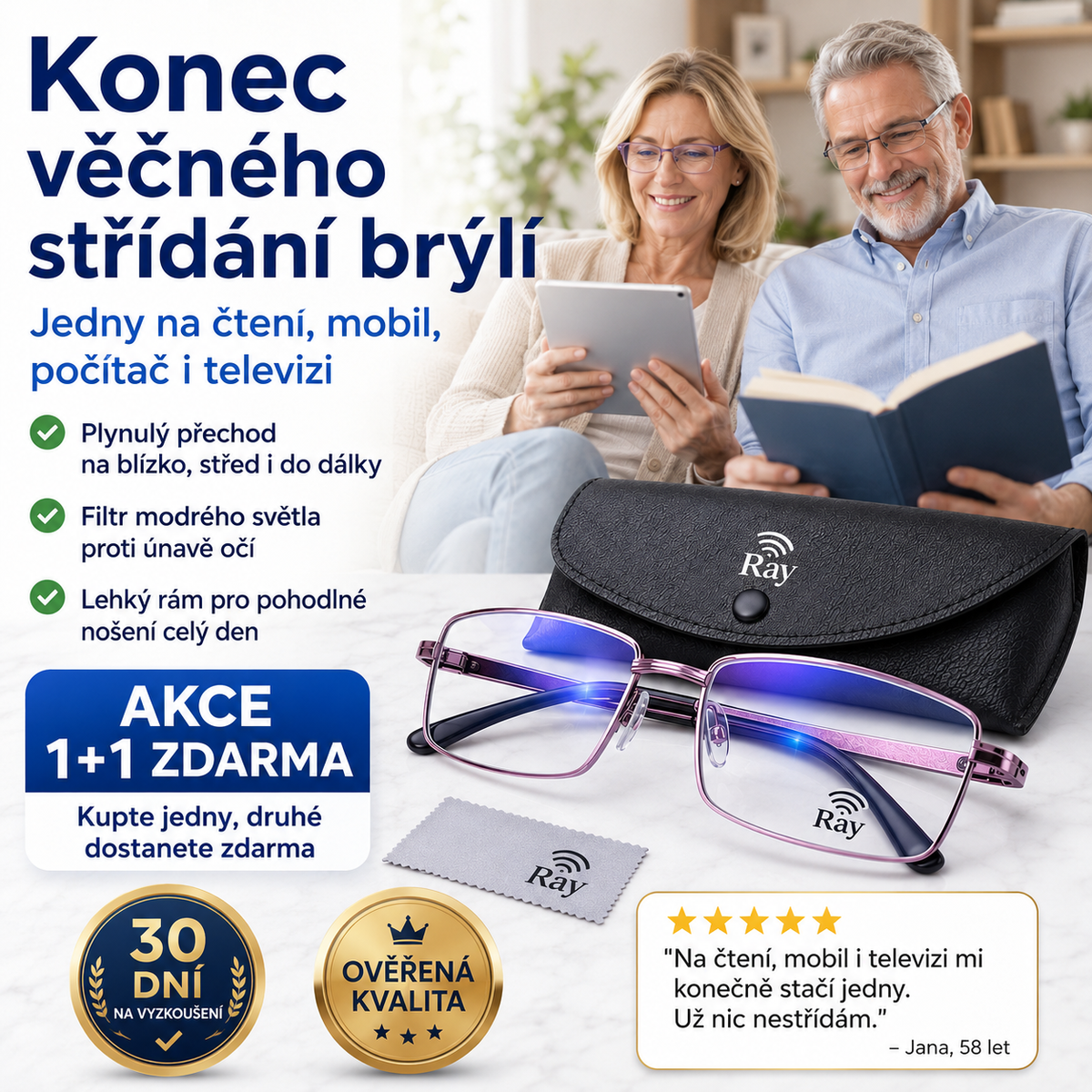 1+1 ZDARMA POUZE DNES | Ray™ – jedny progresivní brýle na čtení, mobil, počítač i do dálky | Filtr modrého světla + UV ochrana | Pouzdro ZDARMA | 30 dní na vyzkoušení