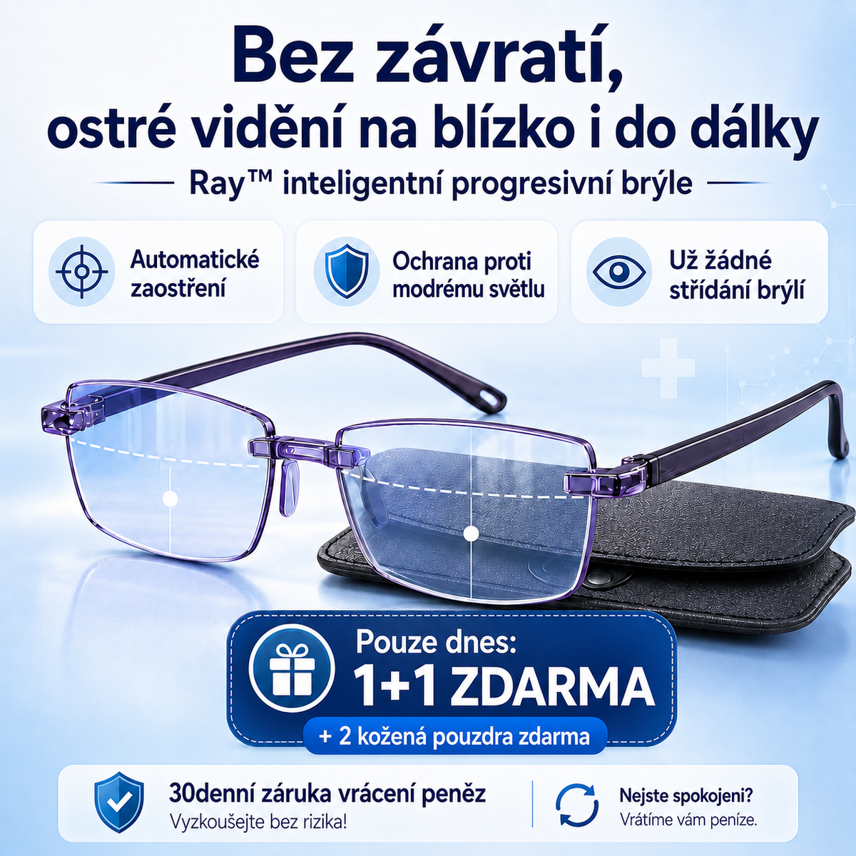 Chytré samonastavitelné brýle Ray™ – ostré vidění na jakoukoli vzdálenost | Filtr modrého světla + UV ochrana | Kožené pouzdro ZDARMA | 30 dní na vyzkoušení