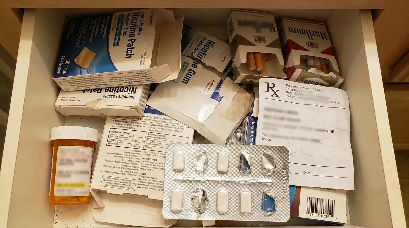 Šuplík s nikotinovými náplastmi, žvýkačkami, prášky a cigaretami