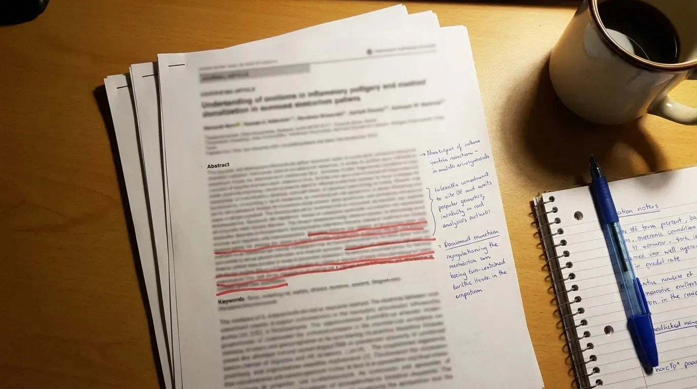 Studie plná zvýraznění na stole, s kávou a zápisníkem