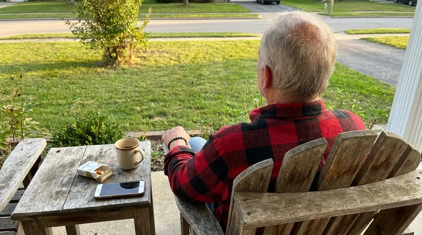 Muž zezadu na verandě, v červené kostkované košili, s kávou