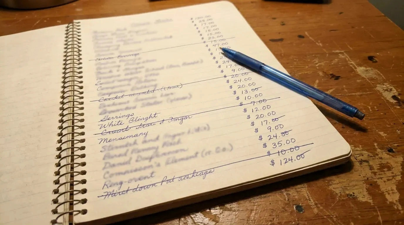 Ručně psaný seznam výdajů s propiskou