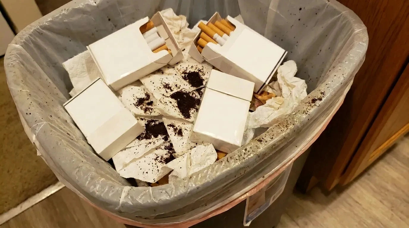 Odpadkový koš s krabičkami od cigaret a kávovou sedlinou